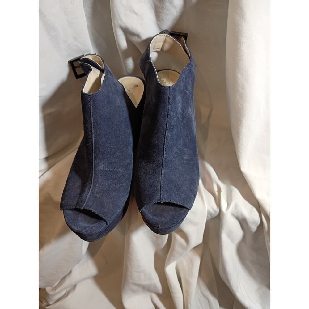 Kenneth Cole Blue Suede Wedge Shoes Open Toe Floral Embroidery Sz 8 Boho...